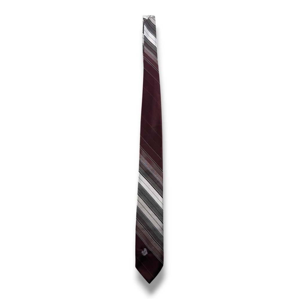 Via Re Mens Burgundy Grey White Striped Silk Blend Crest Necktie